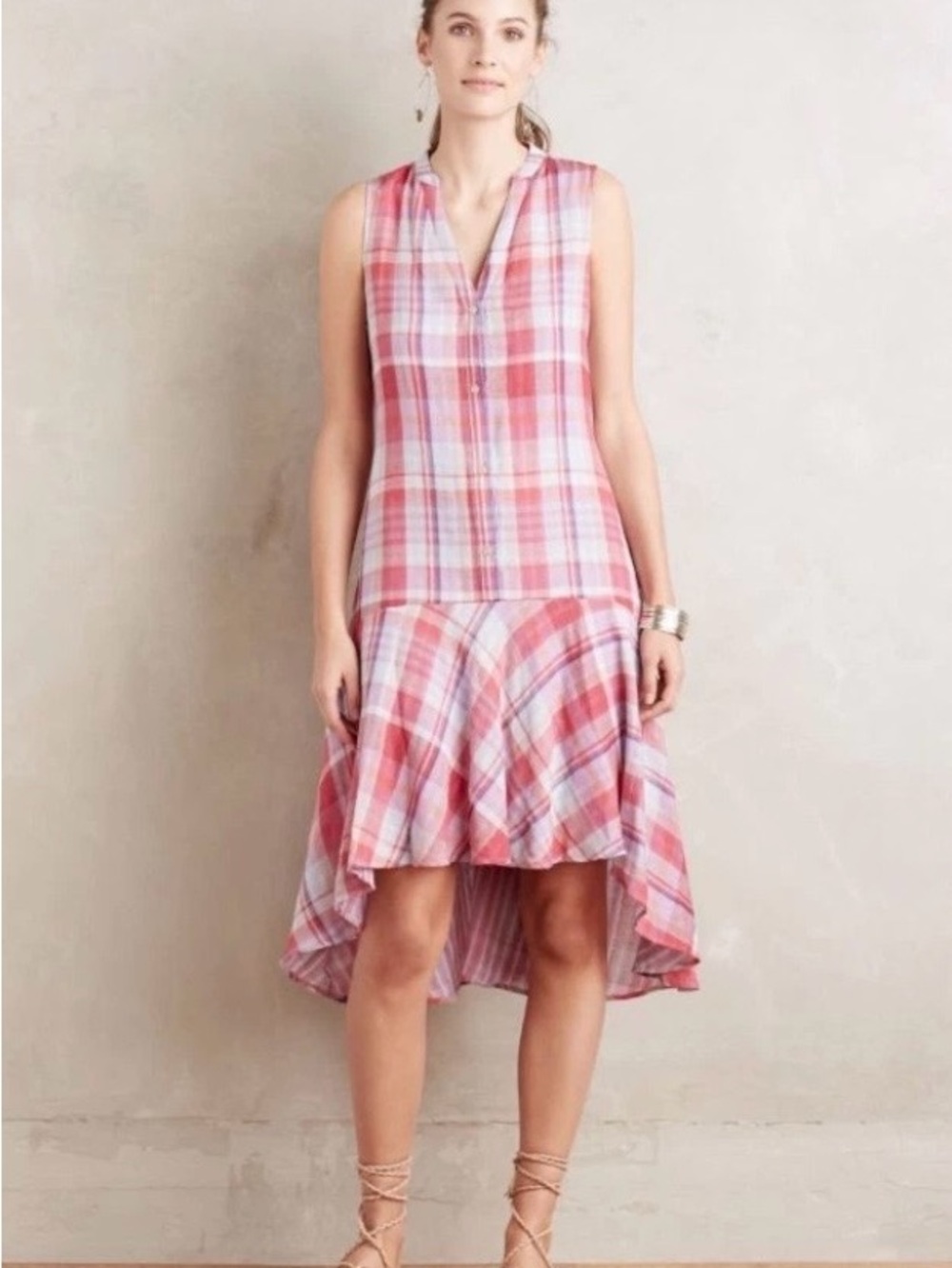 Maeve Anthropologie Pink Plaid Sleeveless High-Low Drop Waist Swing Dress Sz S